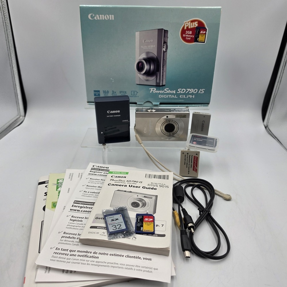 Canon PowerShot SD790 IS Digital ELPH 10MP Silver Camera Tested Working W Extras